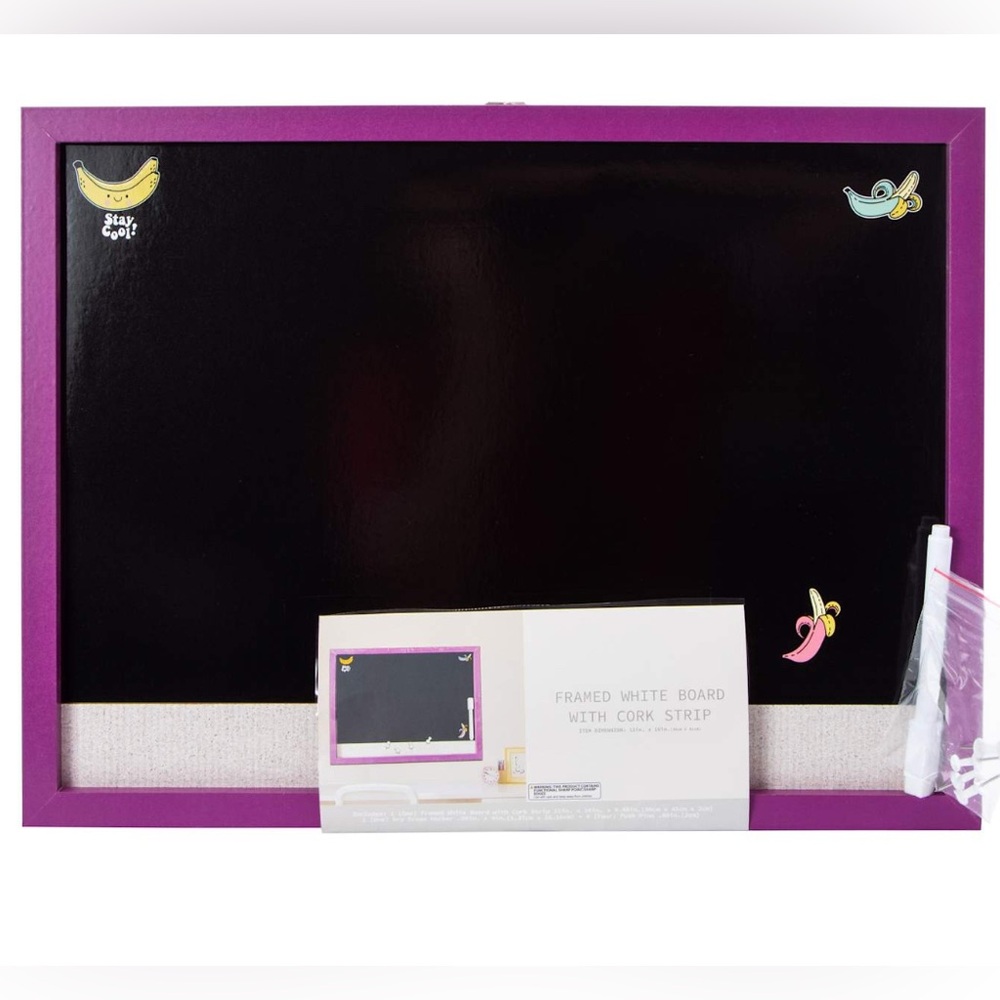 Framed Black and Purple Whiteboard with Cork Strip